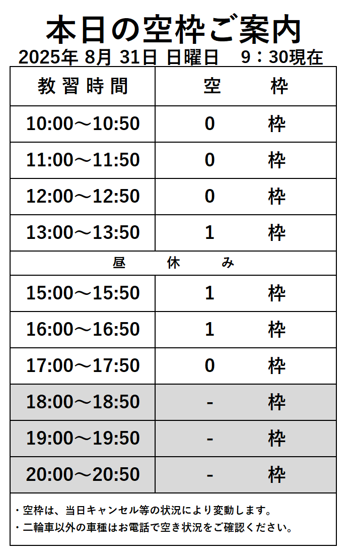 普通車技能教習の空き枠情報