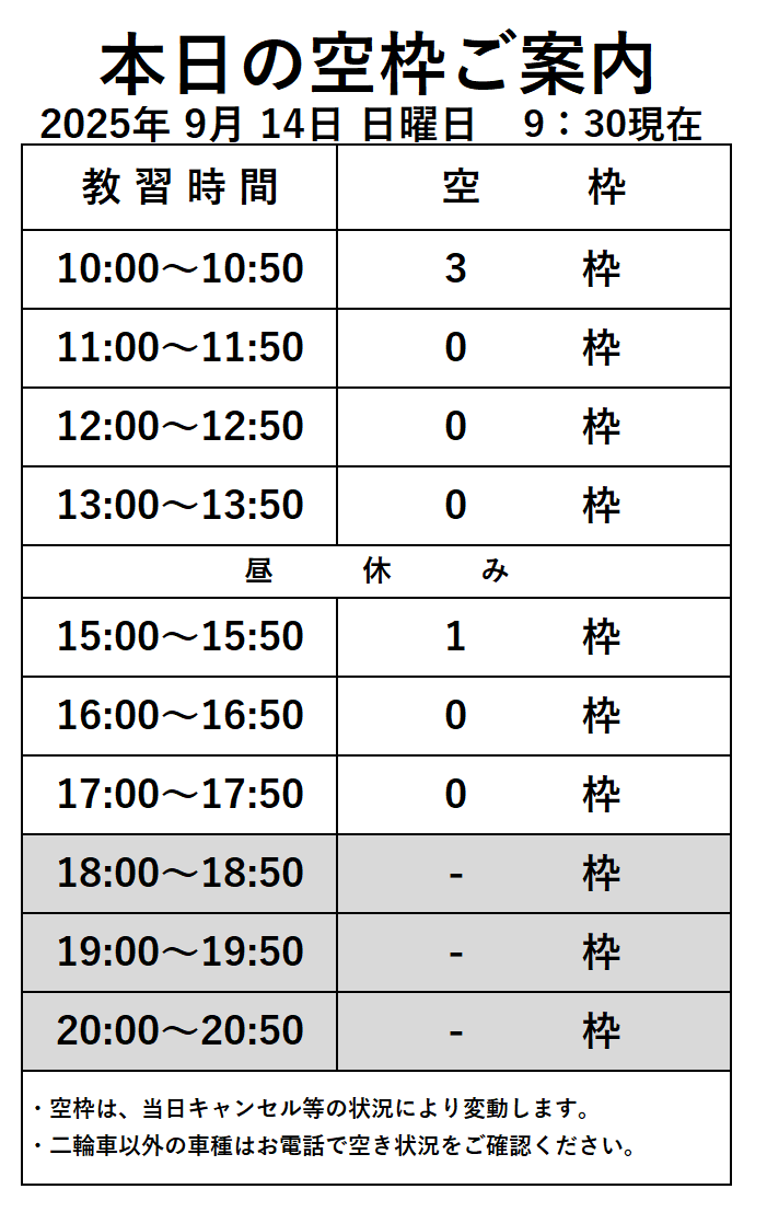普通車技能教習の空き枠情報