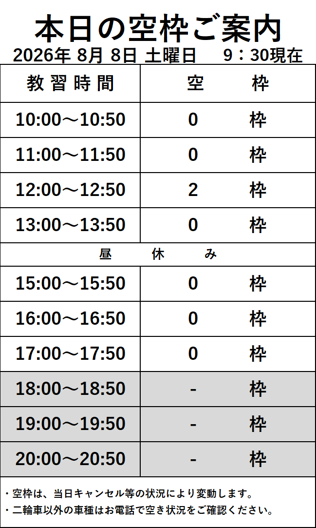 普通車技能教習の空き枠情報