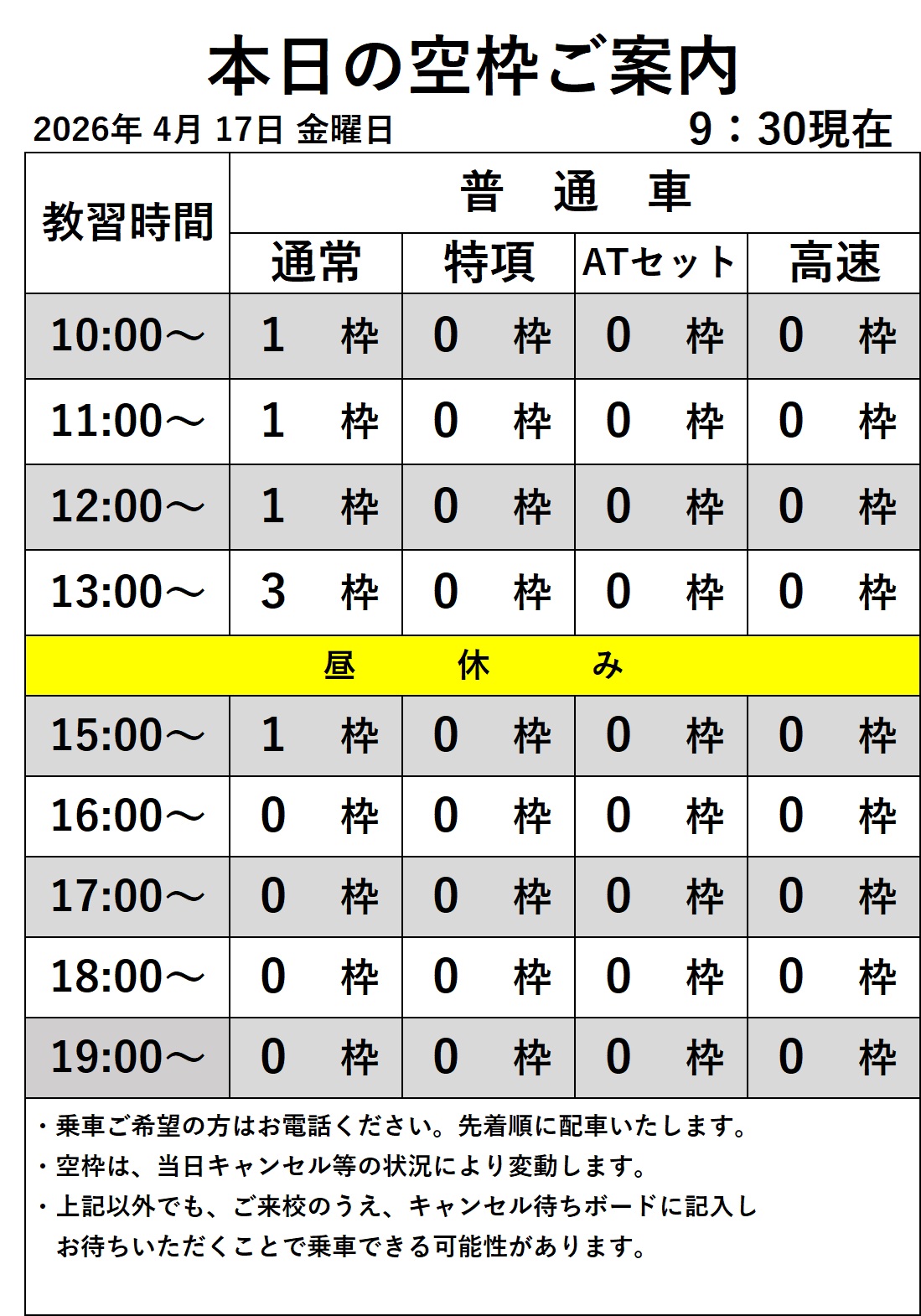 普通車技能教習の空き枠情報