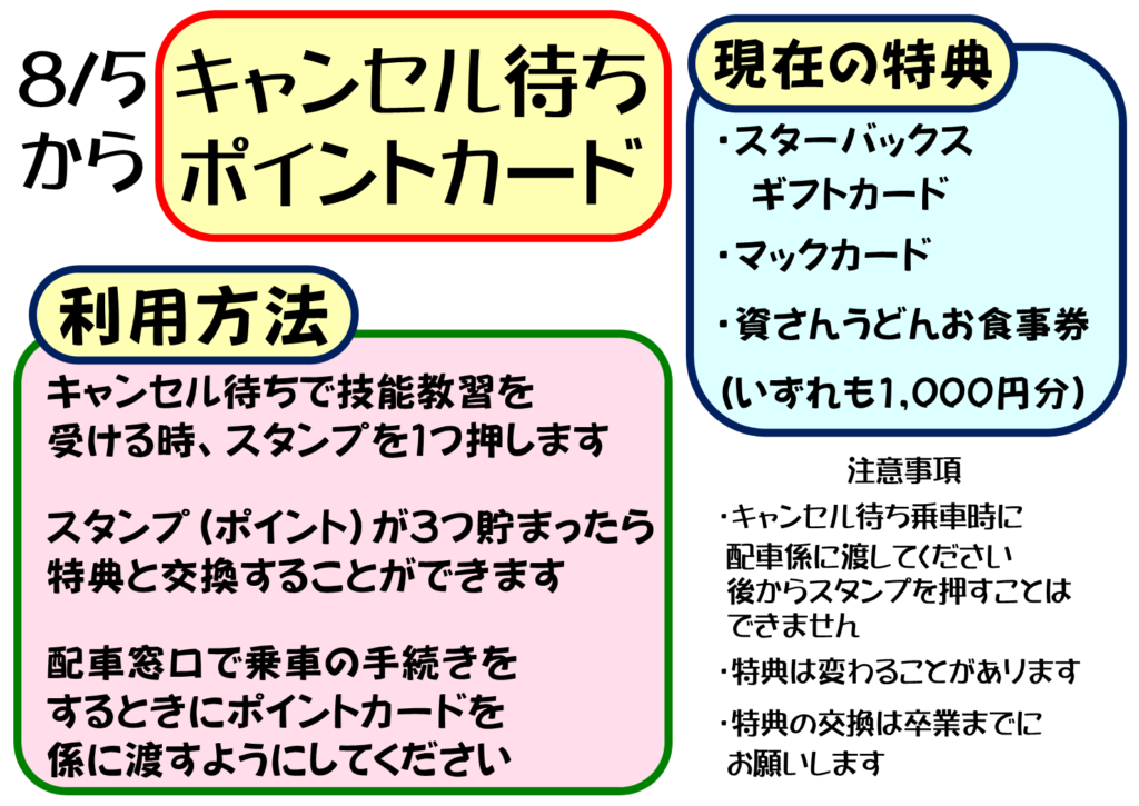 キャンセル待ちポイントカード開始！